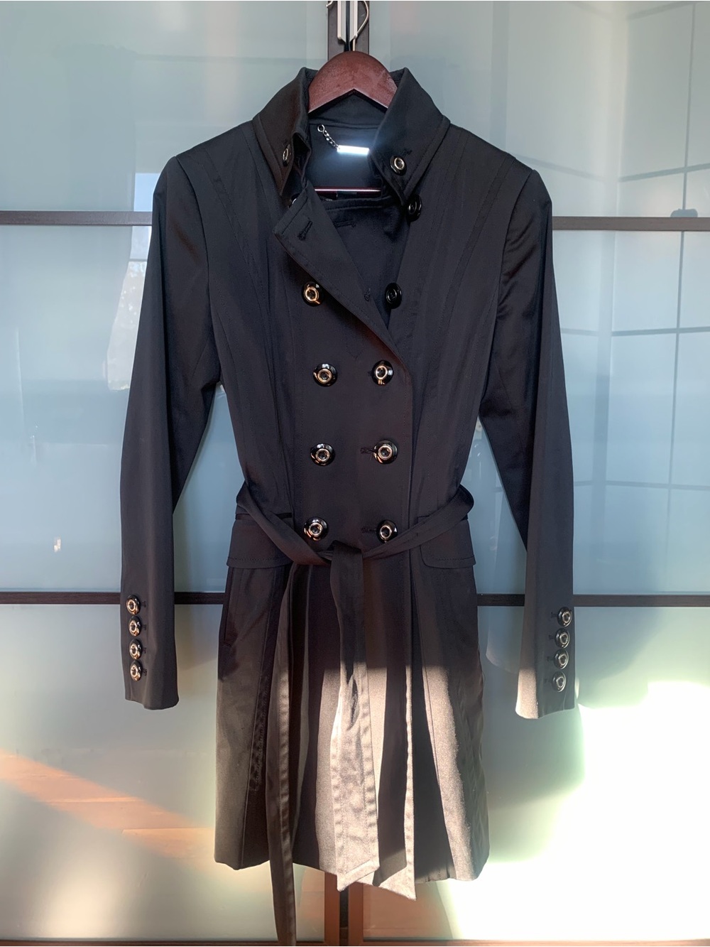 Women's Black Double-Breasted Trench Coat with Belt